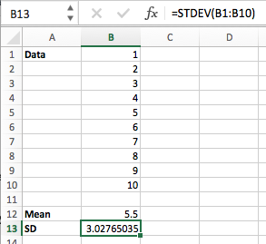 Excel mean and SD