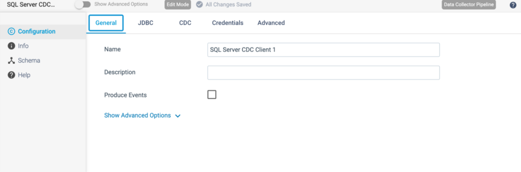 SQL server CDC client configuration window
