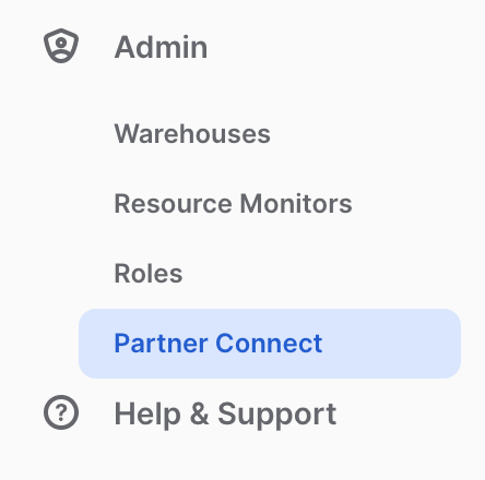 snowflake partner connect admin menu